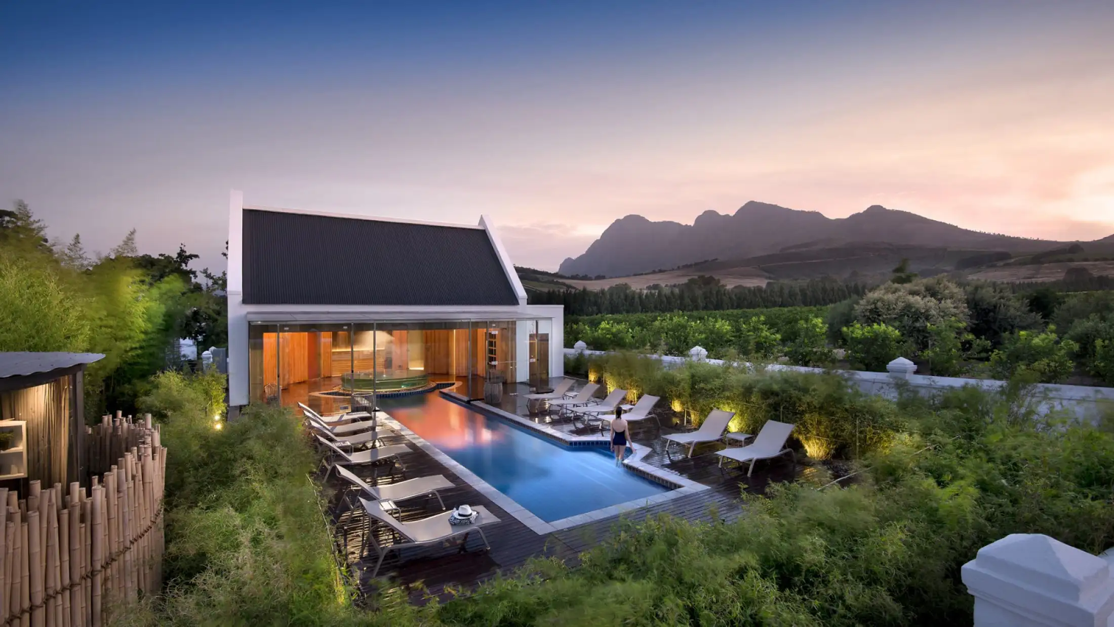 Pool villa at Aerial mountain view of Babylonstoren in South Africa