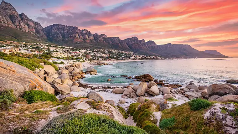 Rocky beach in Cape Town at sunset