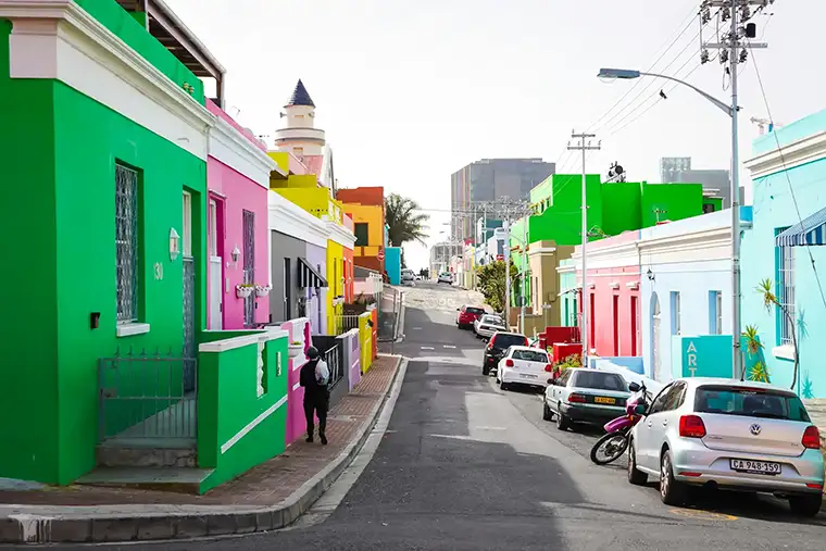 Colorful homes along a street in Bo Kaap, Cape Town