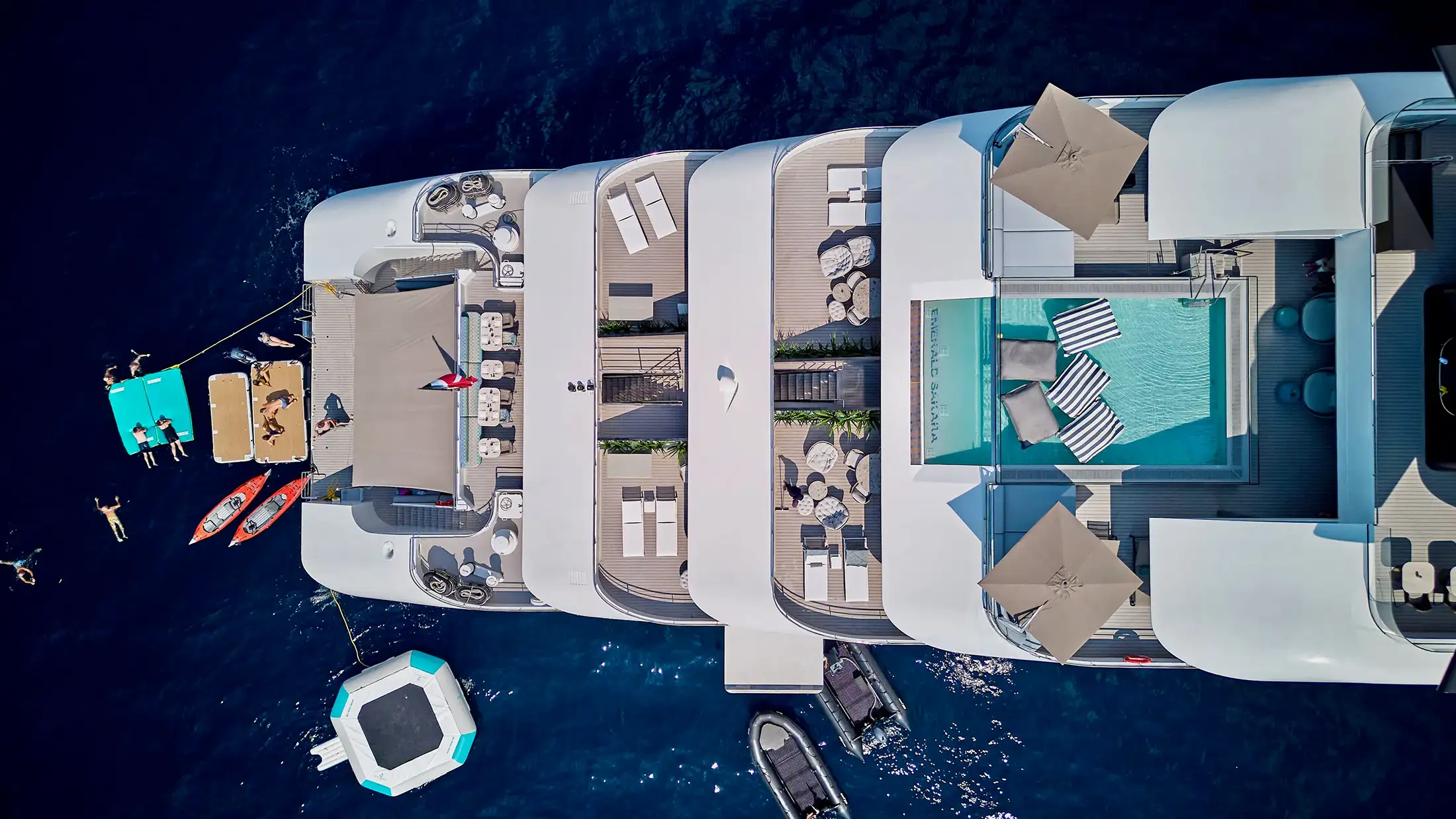 Birds eye view of the marine platform on the Emerald Sakara luxury yacht