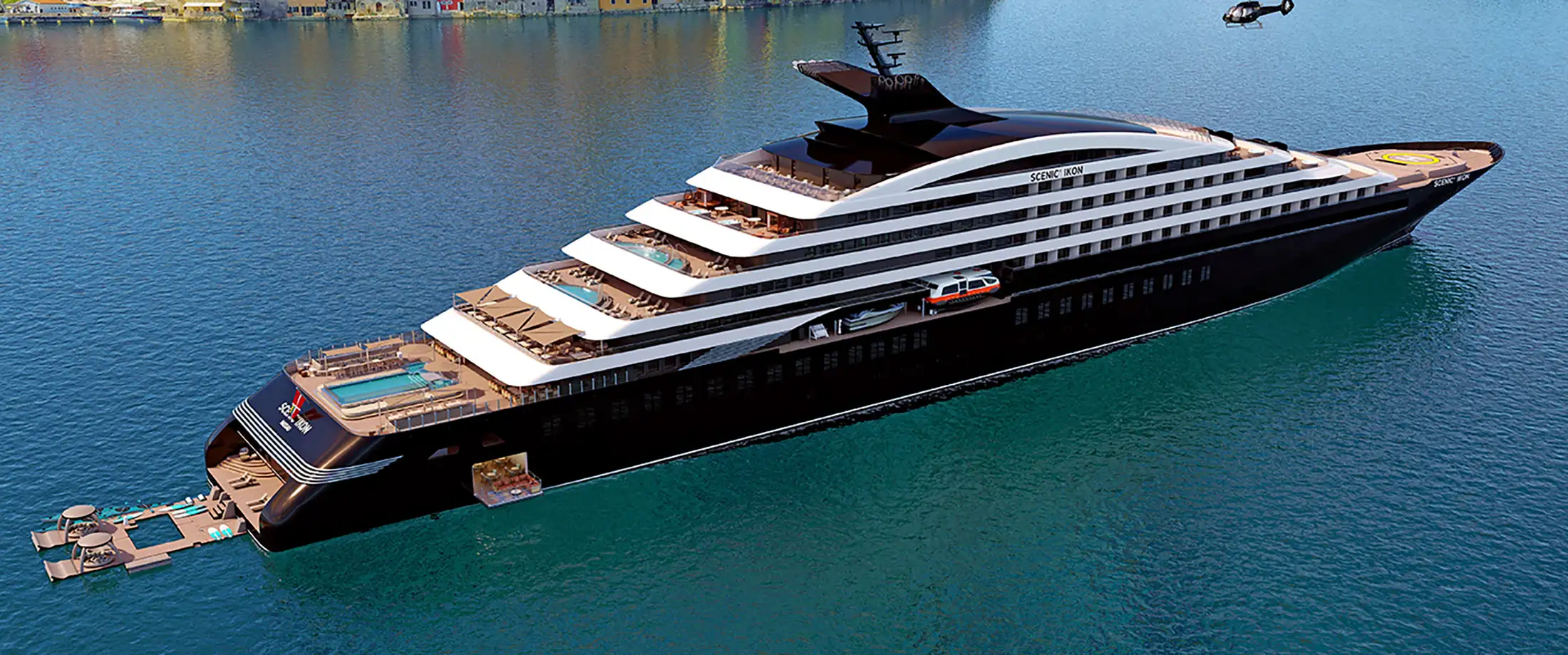 Aerial view of the Scenic Ikon luxury yacht