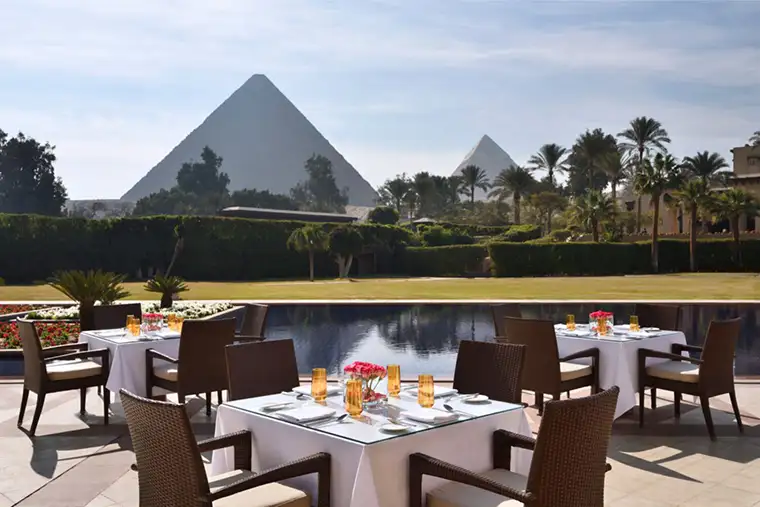 Patio view of the Giza Pyramids from the Marriott Mena House