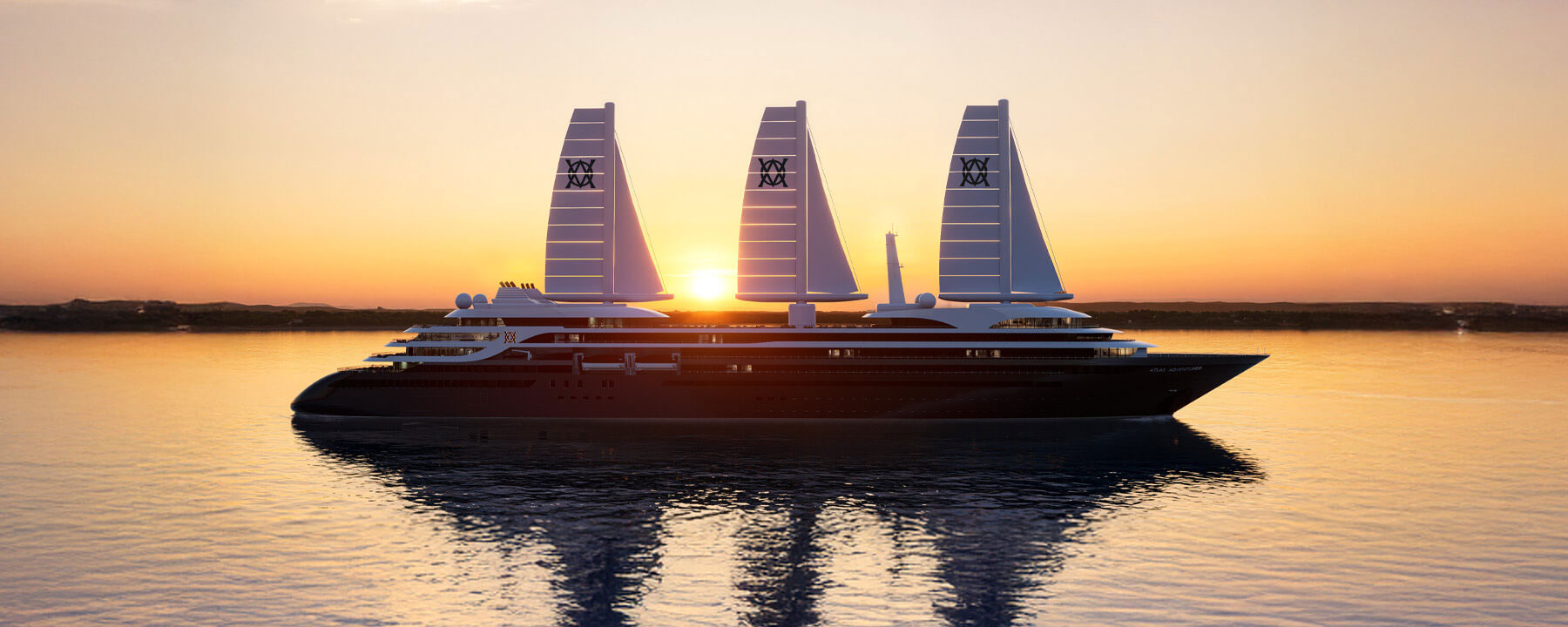 A rendering of the new Atlas Adventurer sailing cruise ship at sunset