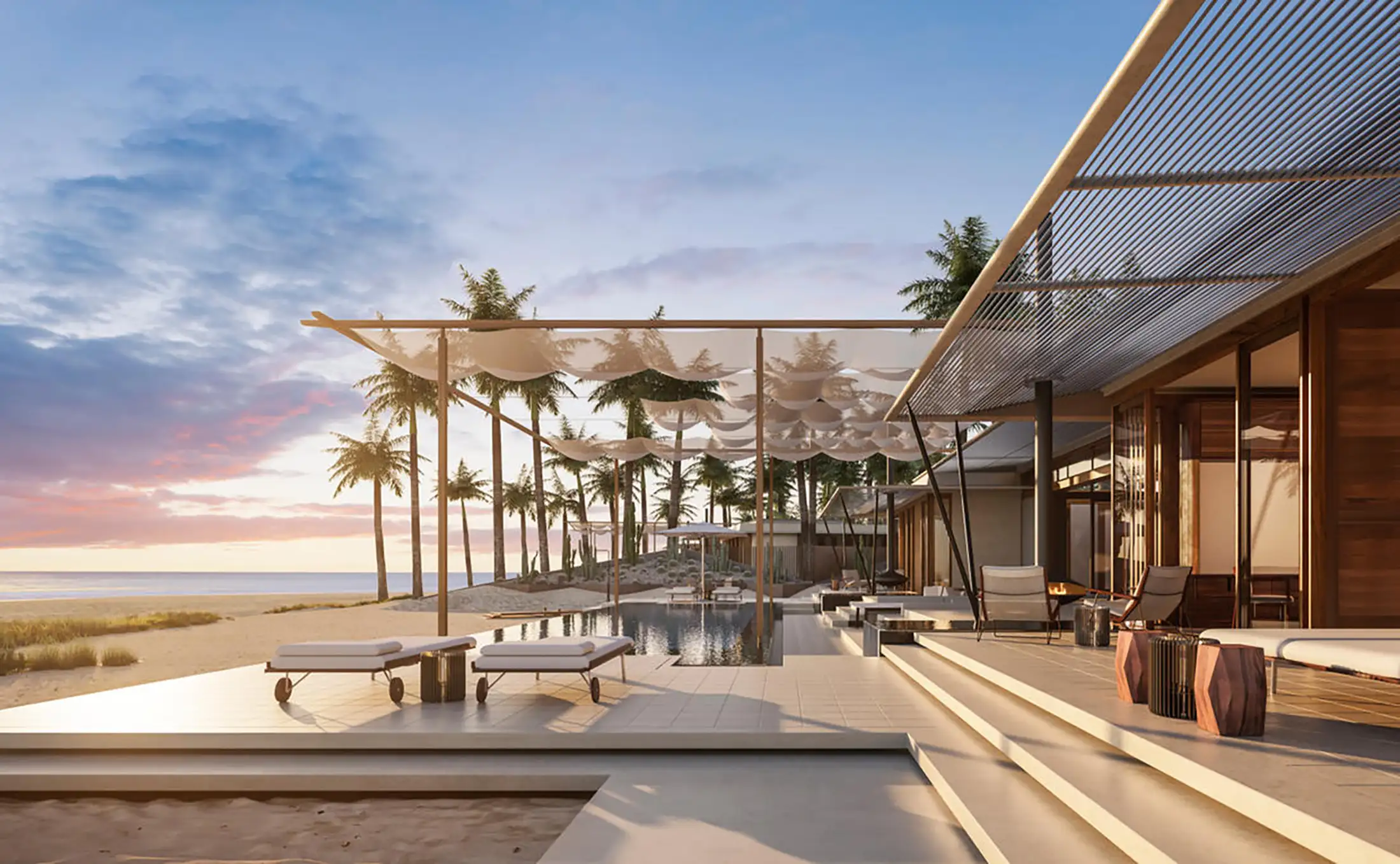 Aerial view of a pool area at an Aman resort