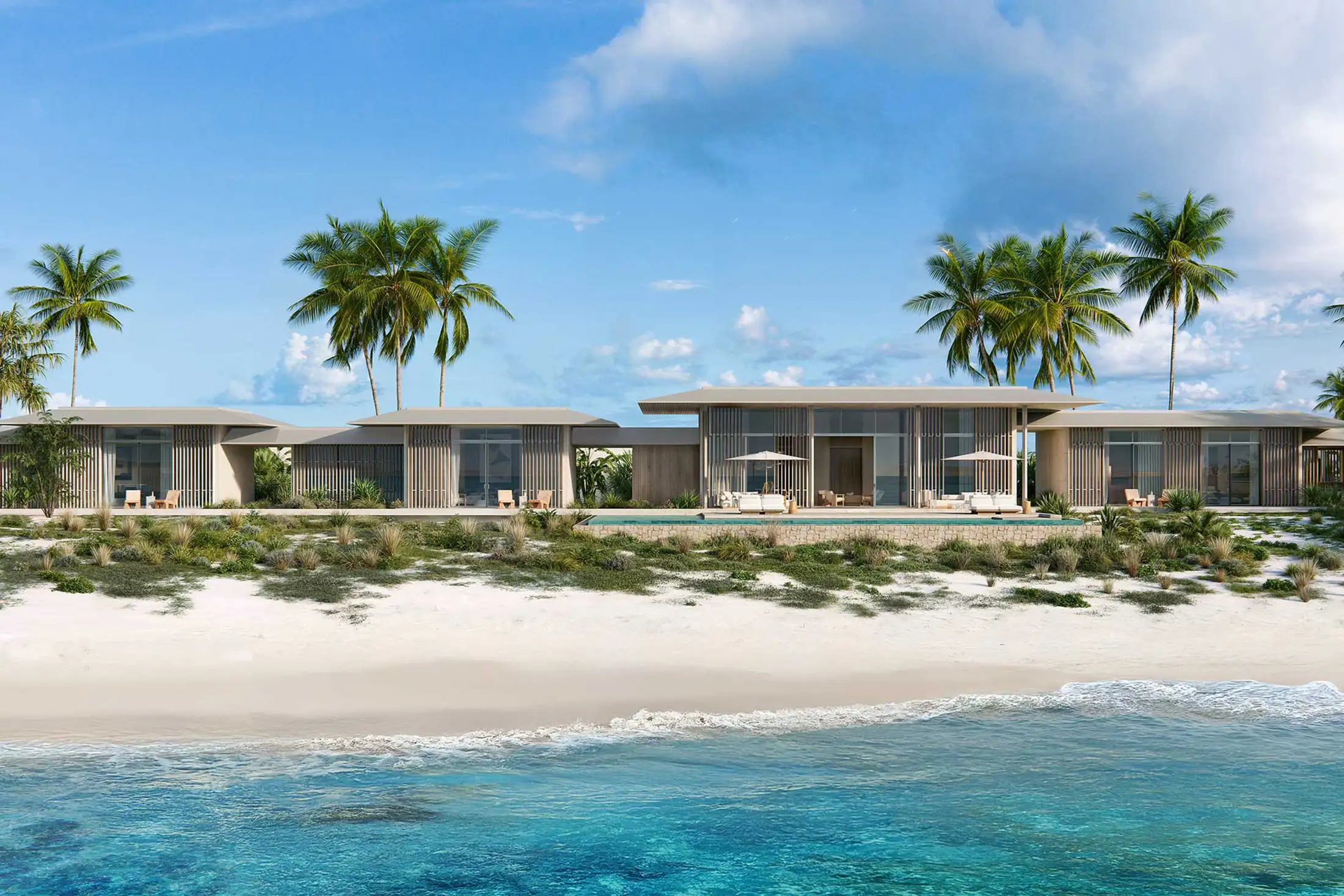 Aerial view of a beach area at an Aman resort