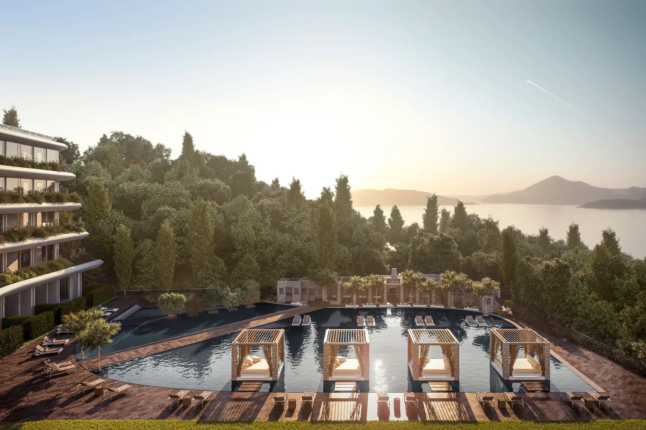 Aerial view of a pool area at an Aman resort