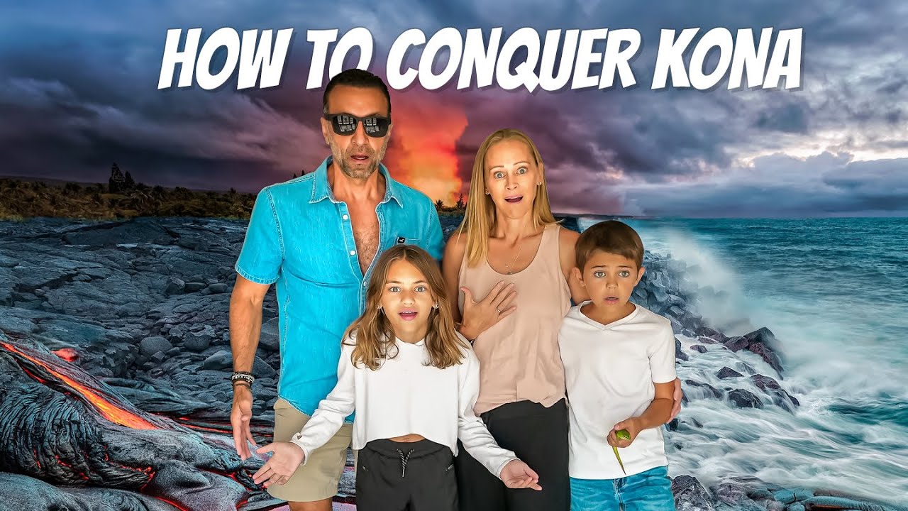 The Lockwood family standing in front of a Kona volcano