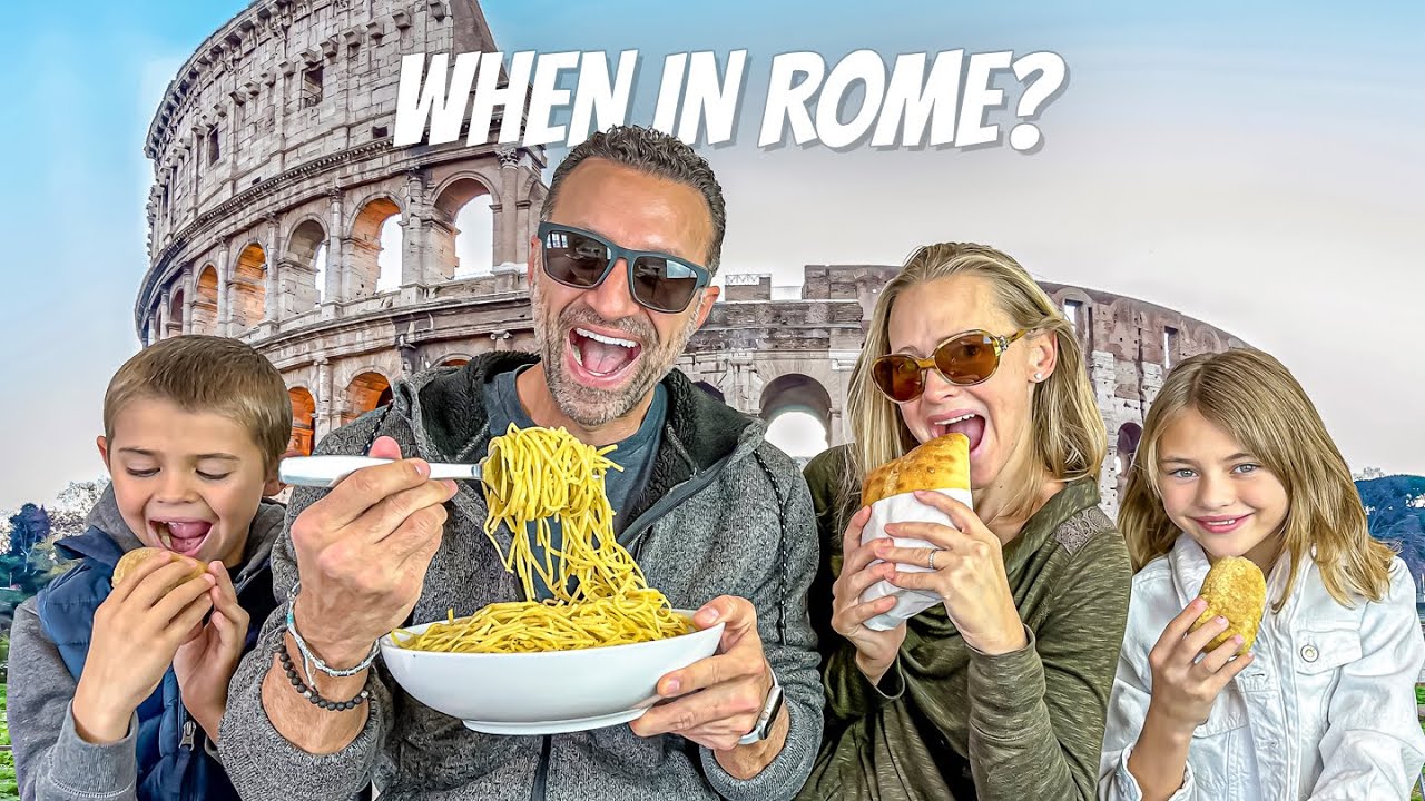 The Lockwood family eating Italian foods in front of the Roman Coliseum