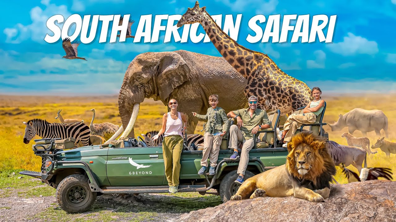 The Lockwood family sitting on a safari jeep, surrounded by animals
