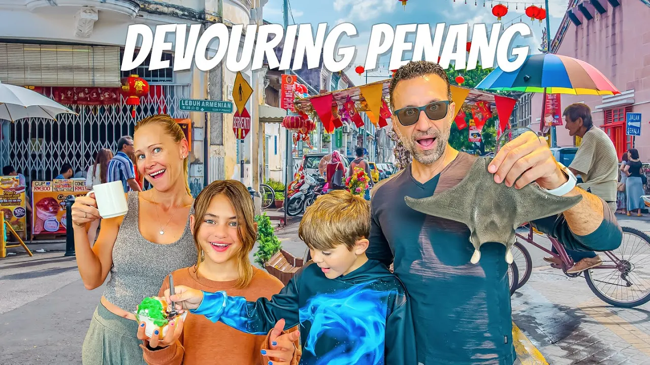 The Lockwood family eating foods in Penang, Malaysia