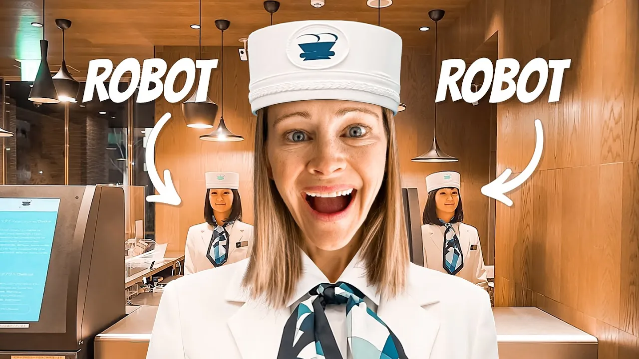 Erin Lockwood stands in front of robots at Tokyo's Robot Hotel