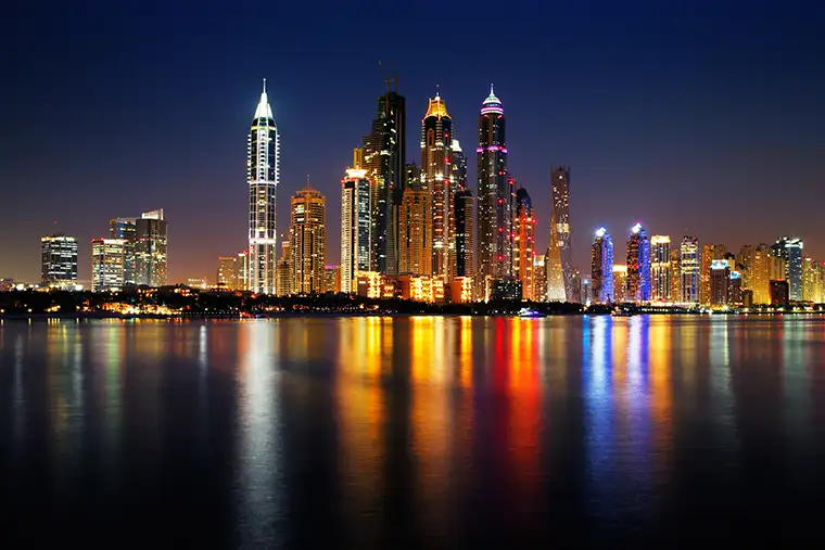 Dubai skyline at night from Palm