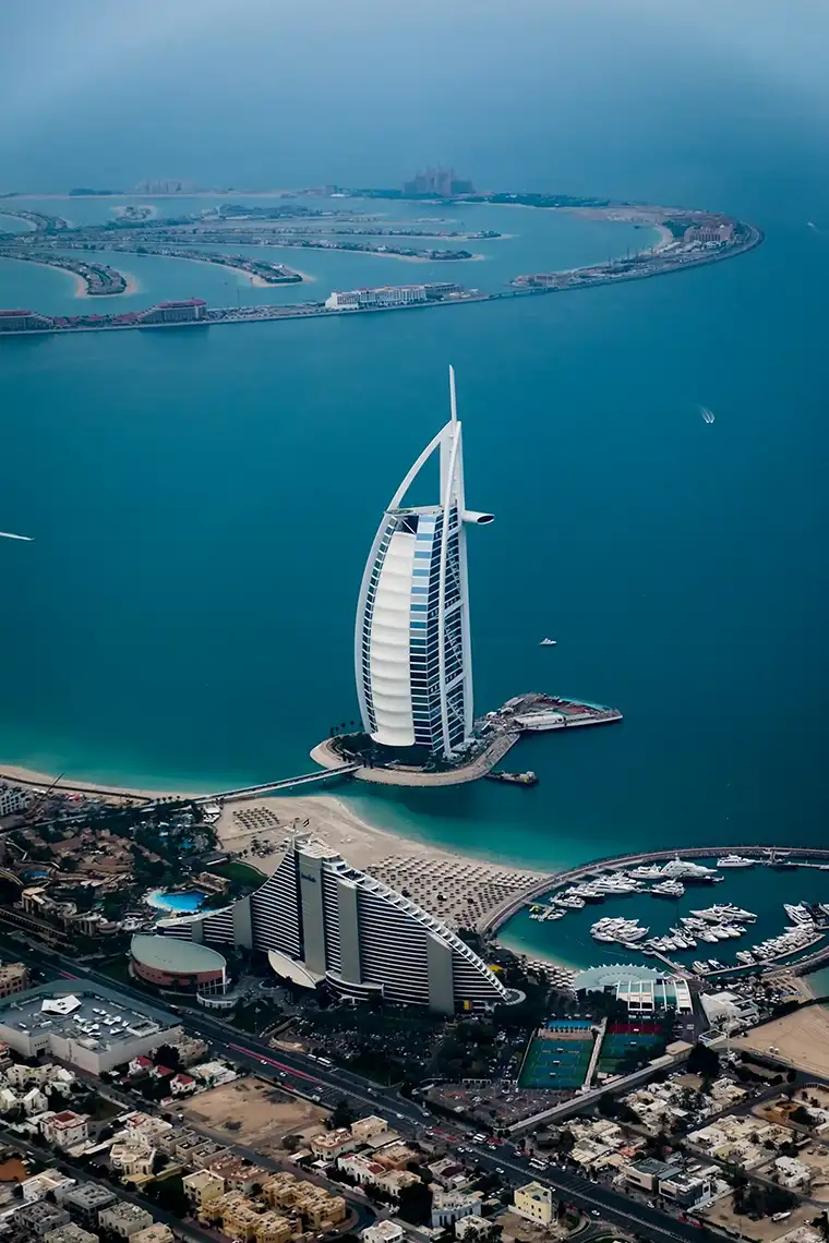 Aerial view of the Burj Al Arab hotel in Dubai
