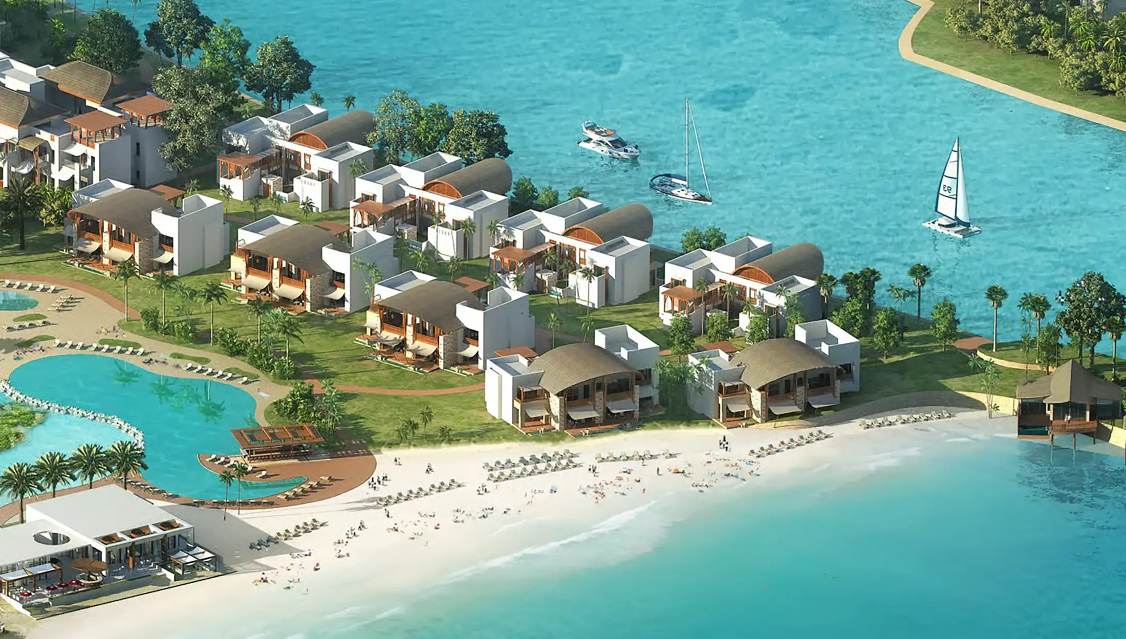 Aerial view of the Mina Al Arab resort beach club