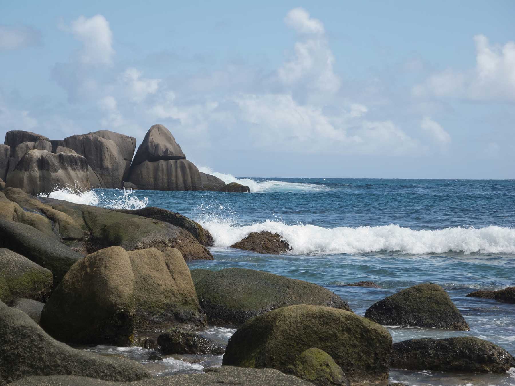 The rocky shore of the Seychelles