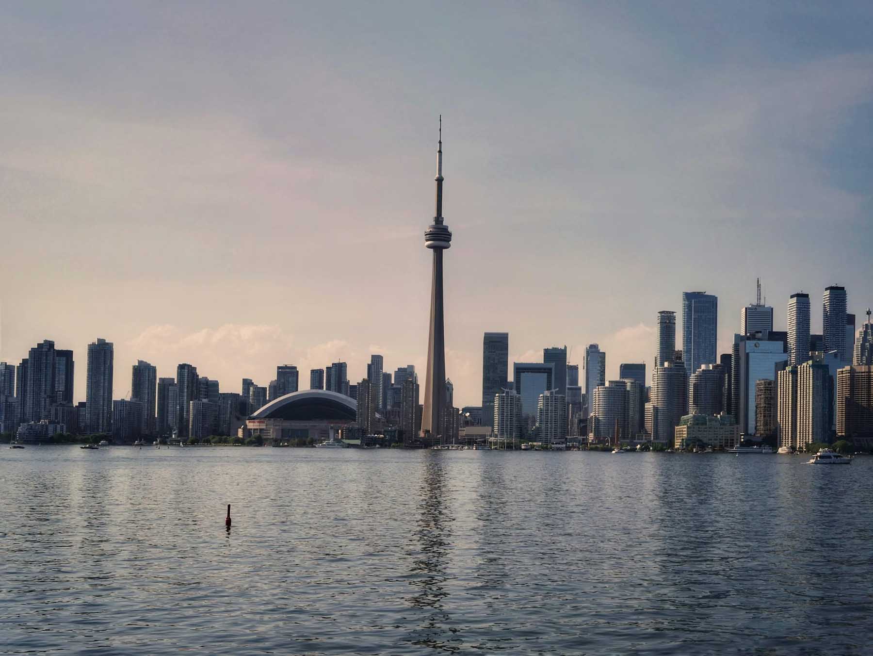 Toronto skyline view at sunset with the CN Tower