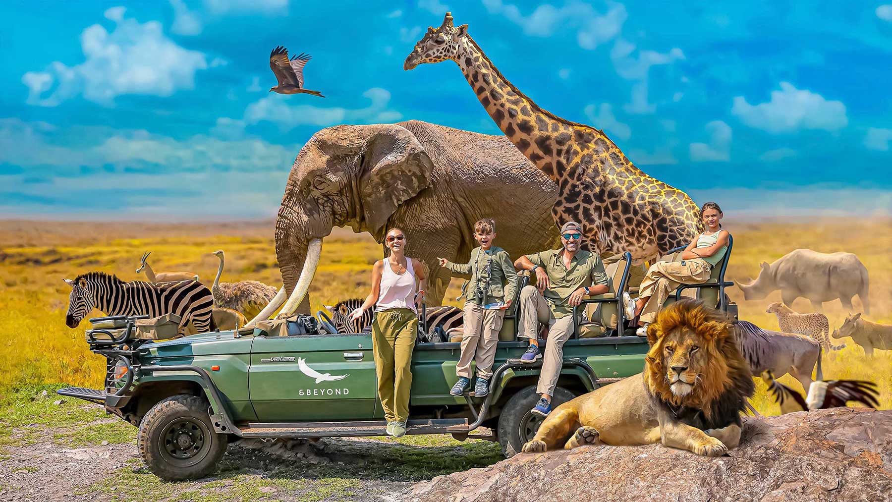 The Lockwood family sitting on a safari jeep, surrounded by African animals