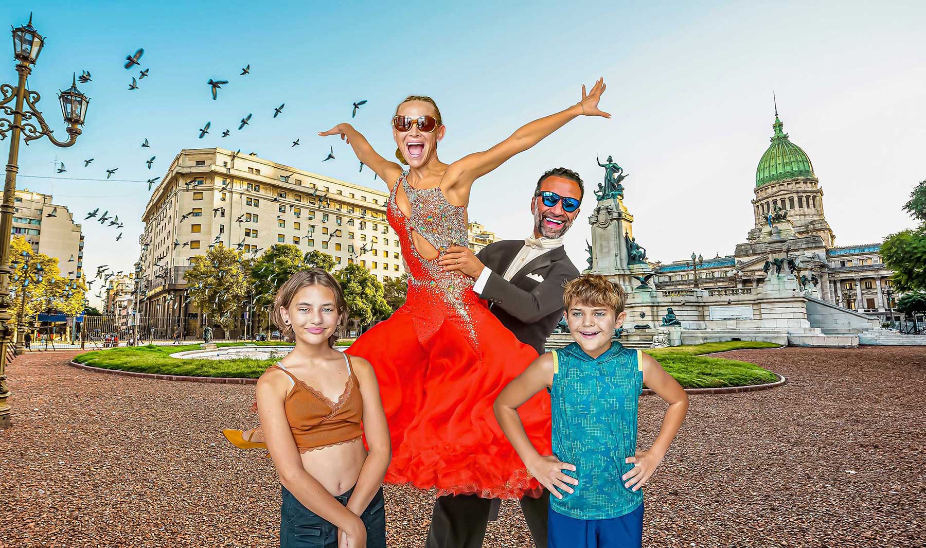 The Lockwood family standing and dancing on the streets of Buenos Aires, Argentina