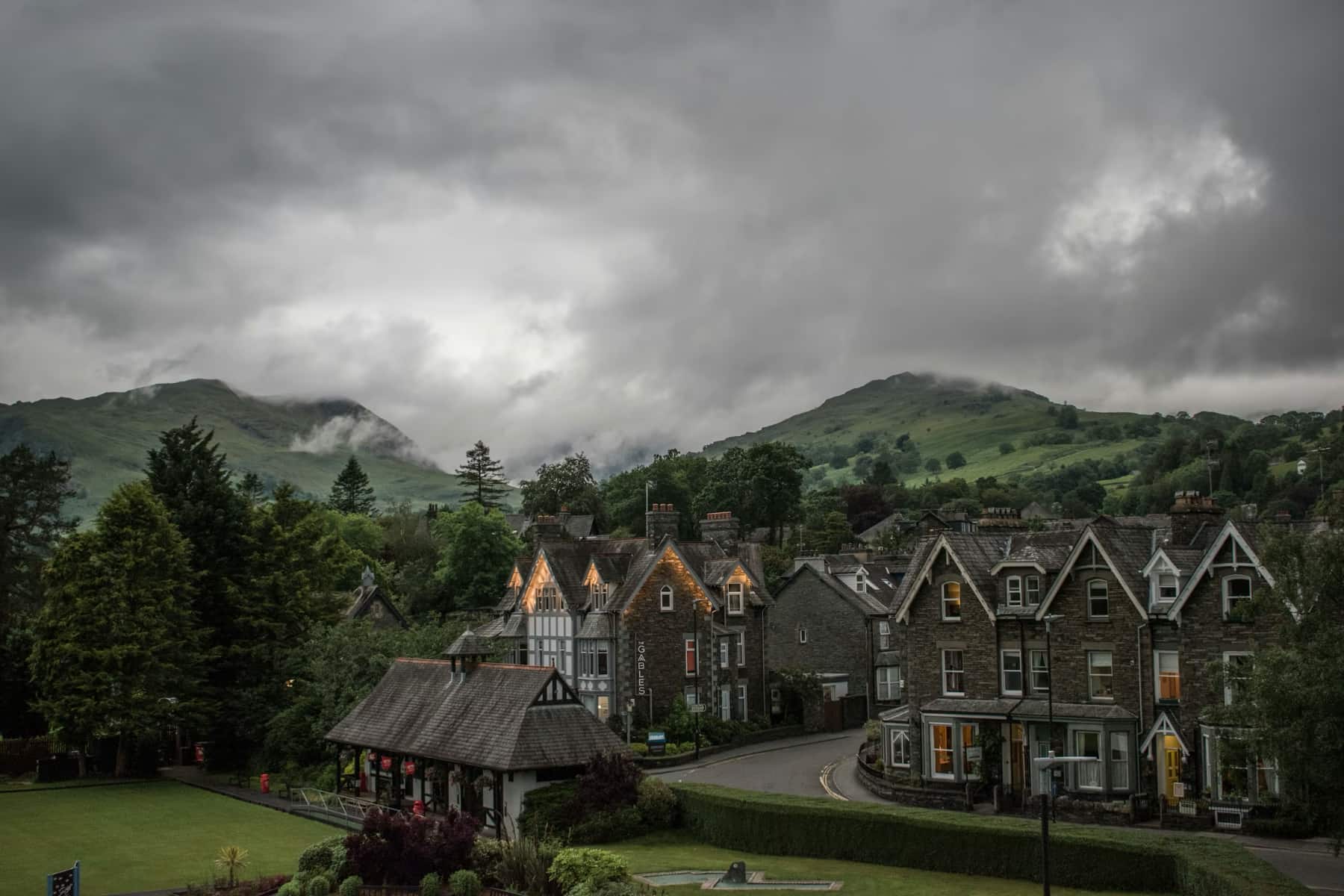 Misty mountain village in the UK
