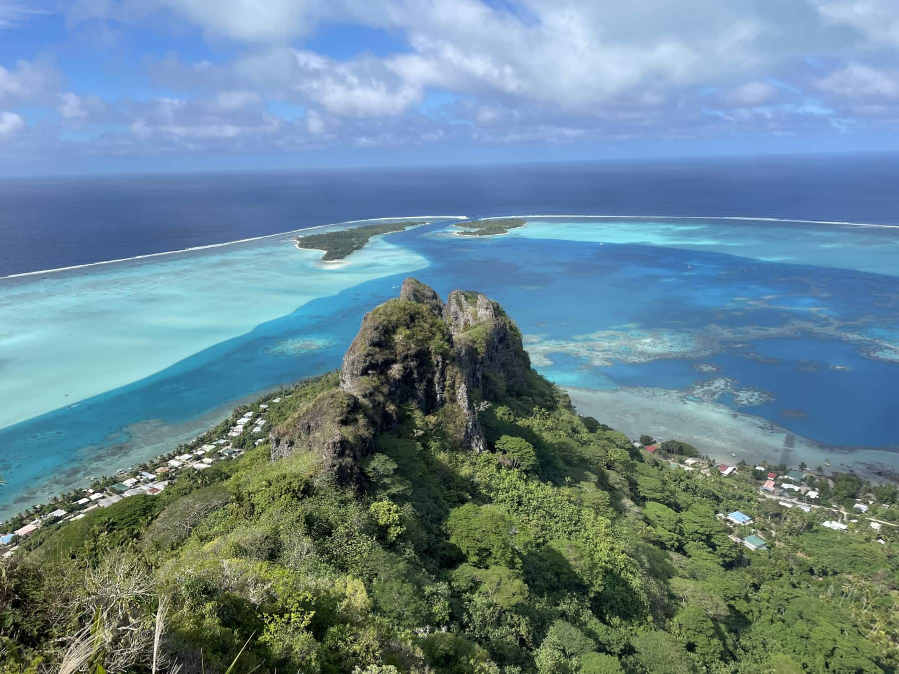 Aerial of peaks and waters of Tahiti