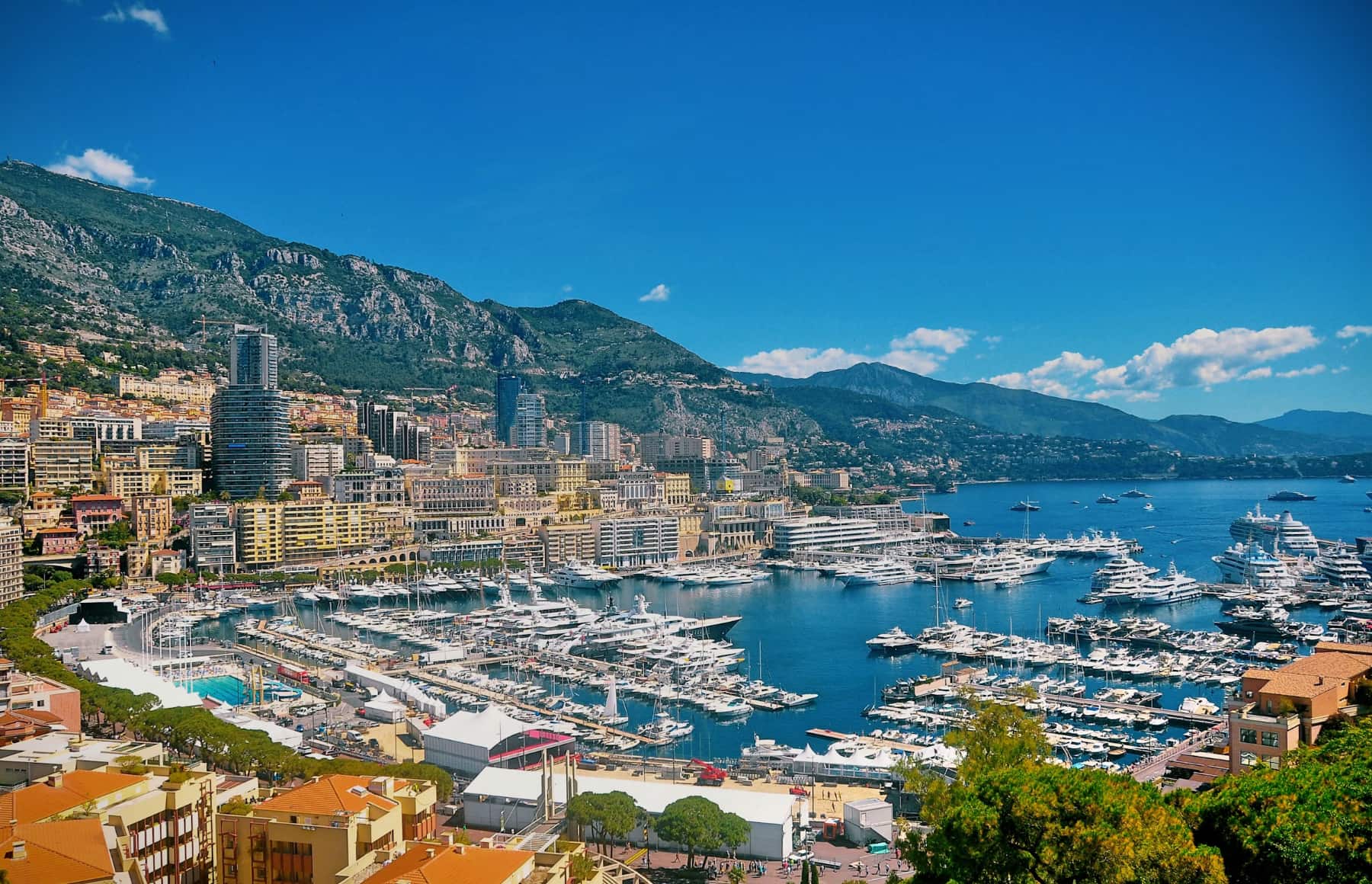 Aerial view of Monte Carlo marina and hillside