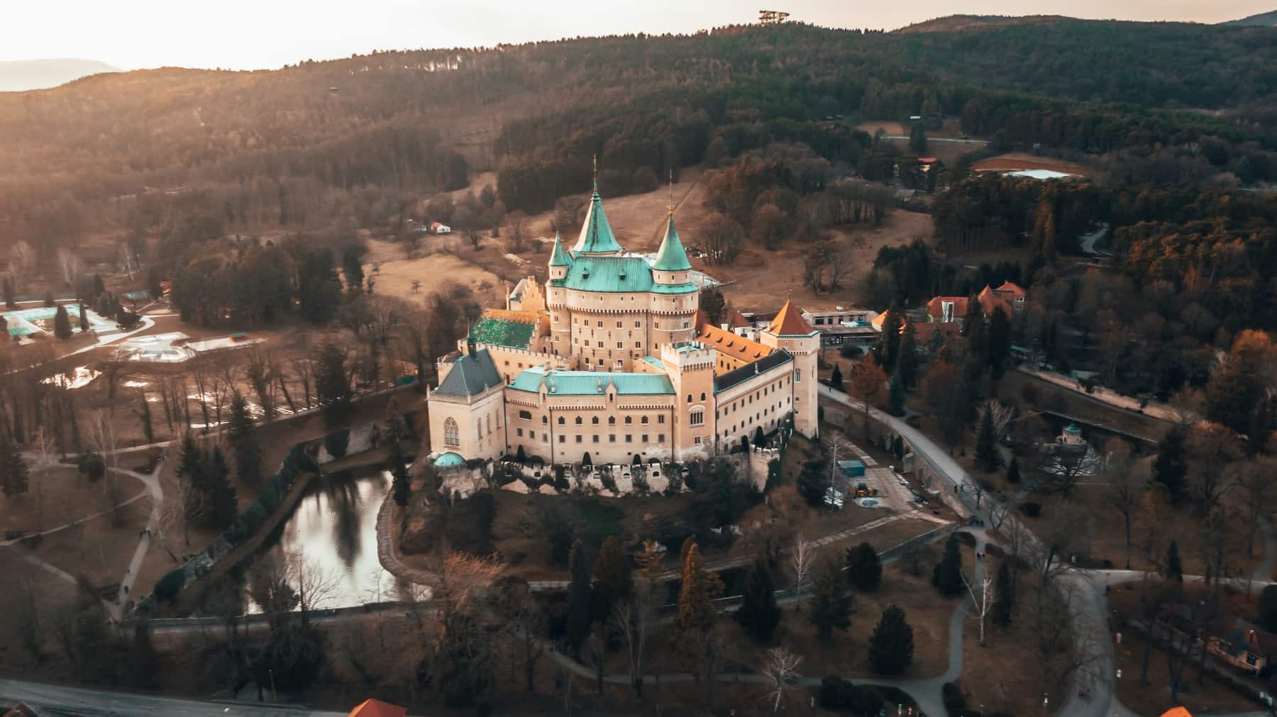 Aerial view of Slovakia town at sunset