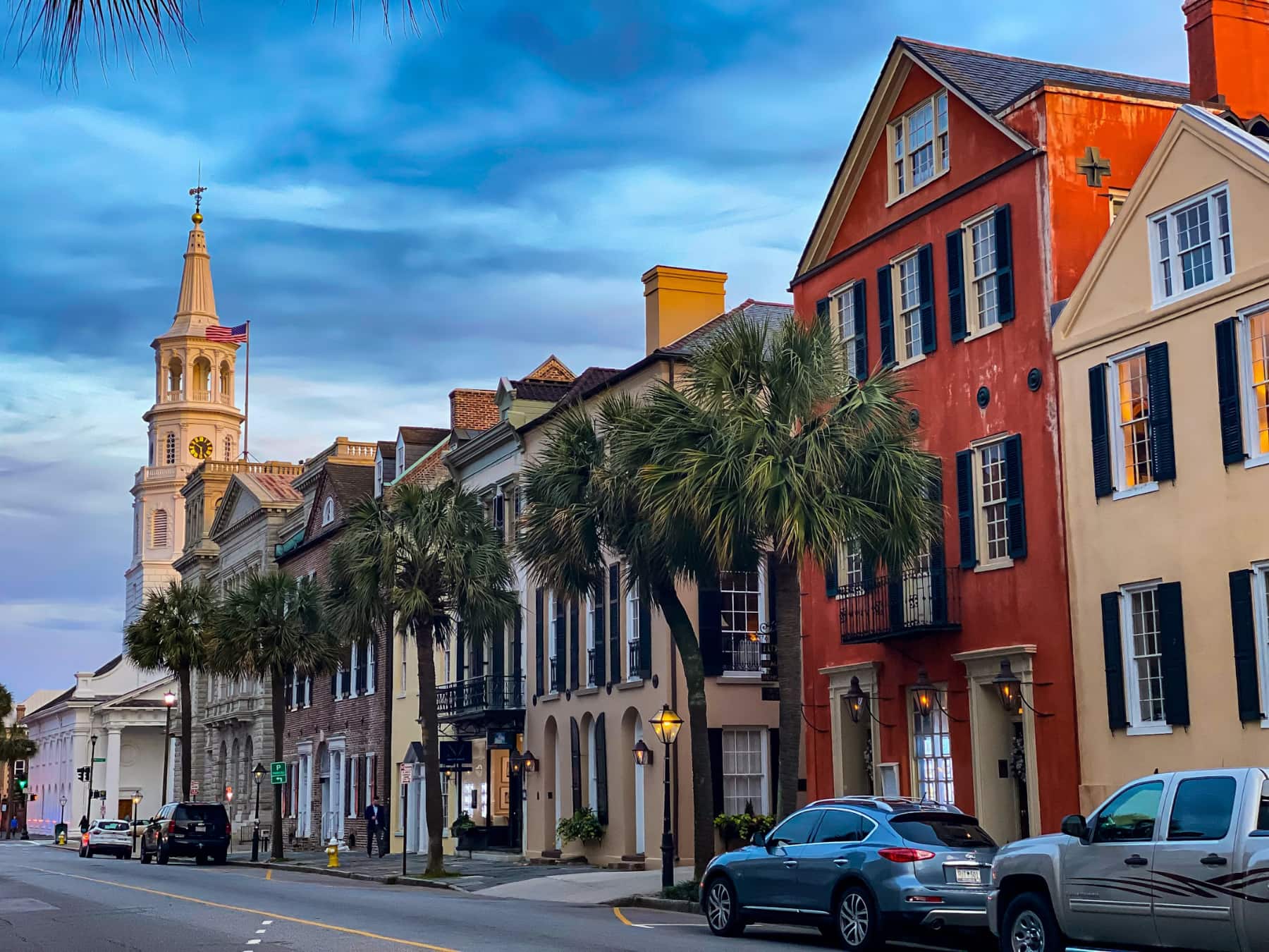 Colorful homes along a Charleston street in South Carolina