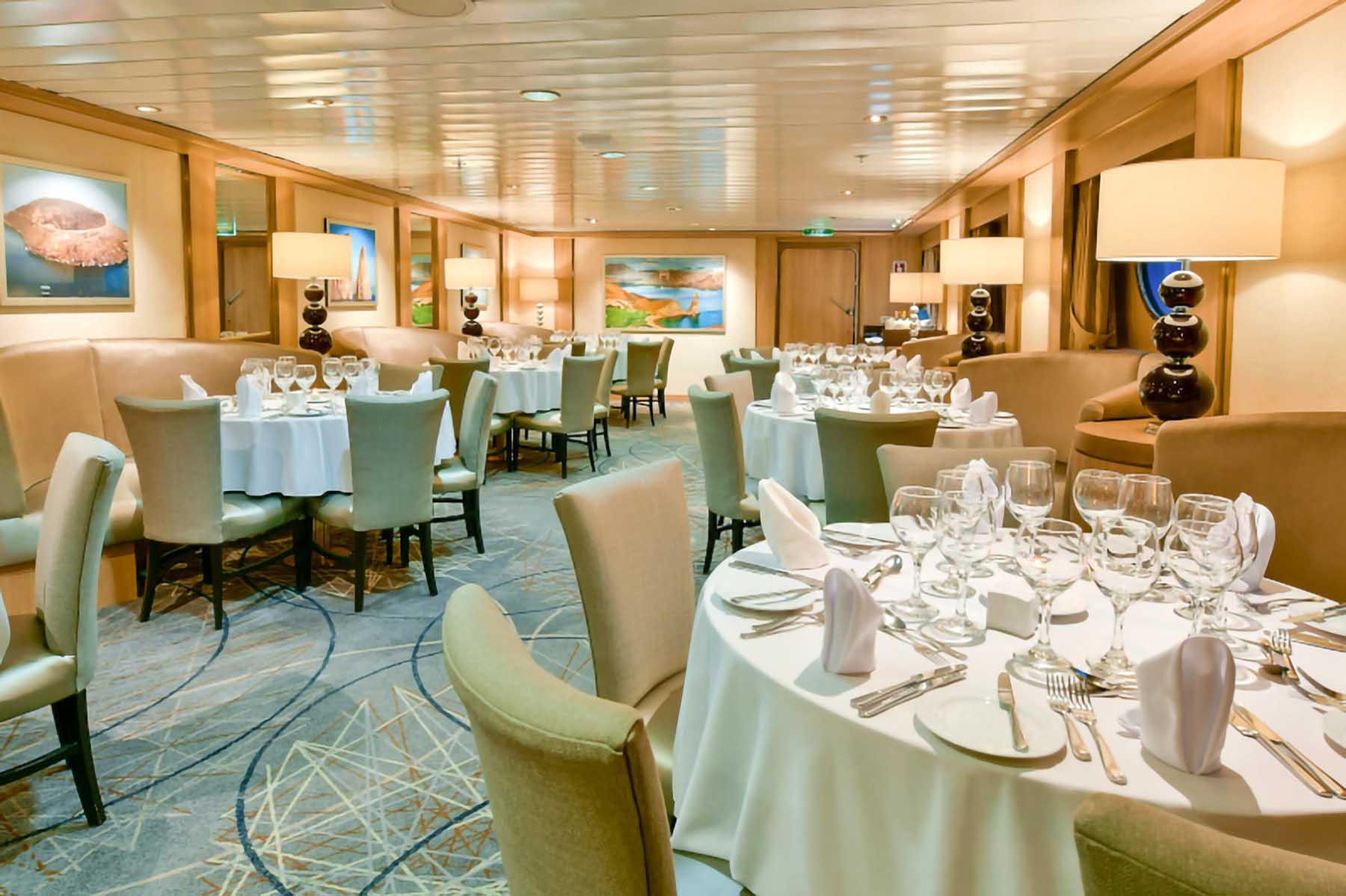 Formal dining room on the National Geographic Gemini cruise ship in the Galápagos Islands
