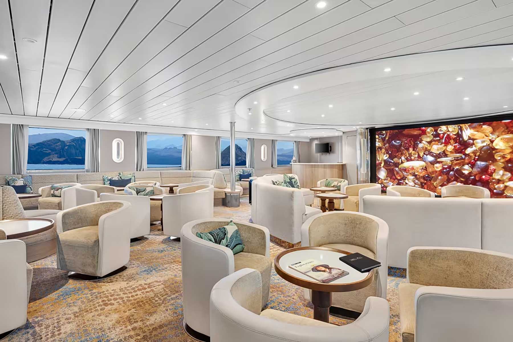 Interior lounge on the National Geographic Gemini cruise ship in the Galápagos Islands