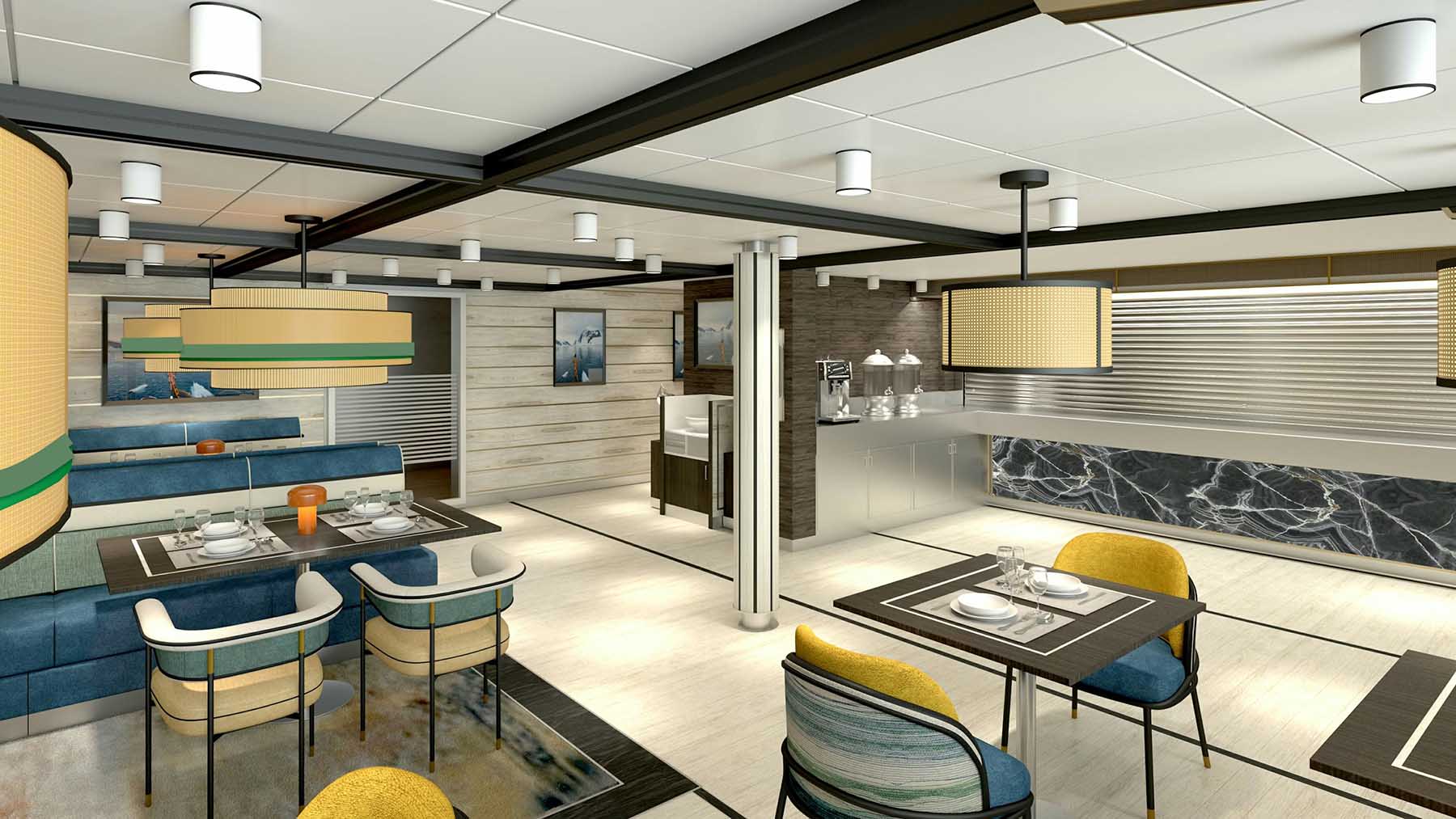 Aurora Expeditions cruise ship cafe seating