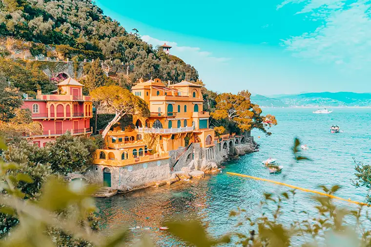 Pretty architecture and hills in Portofino, Italy