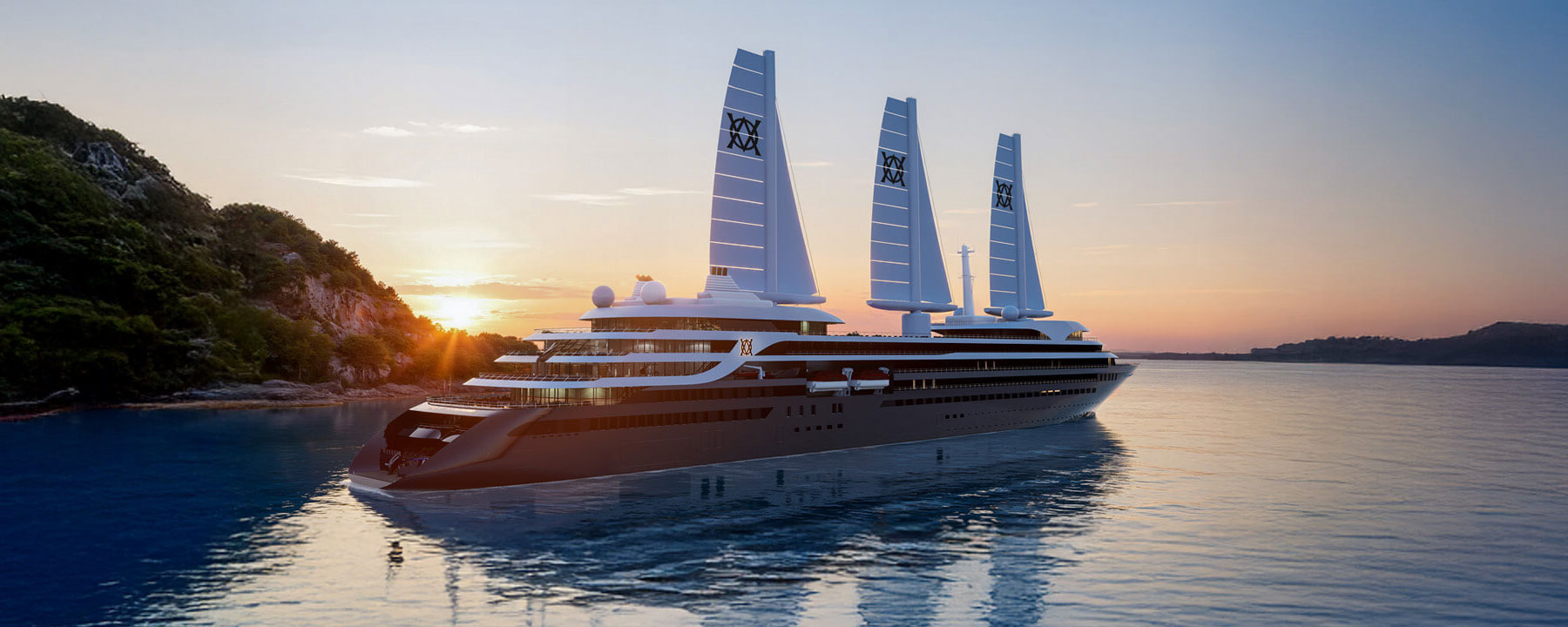 A rendering of the new Atlas Adventurer sailing cruise ship at sunset