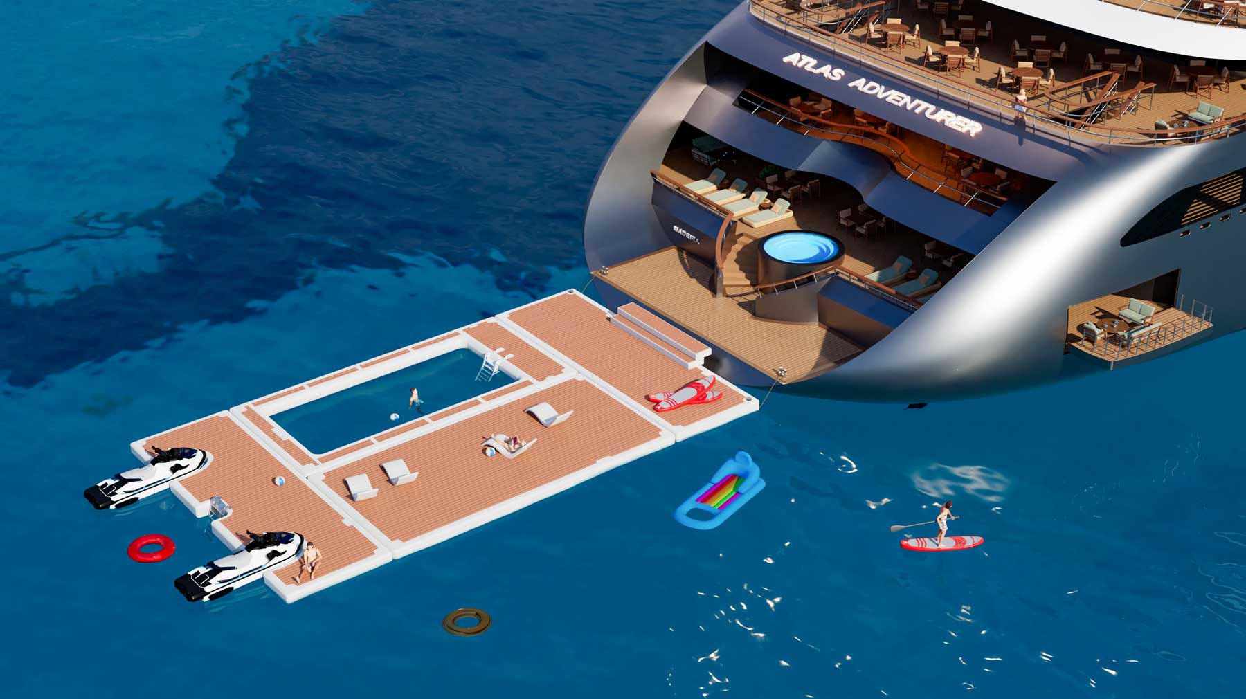 Aerial view of the marine platform on The Atlas Ocean Voyages' Atlas Adventurer sailing yacht