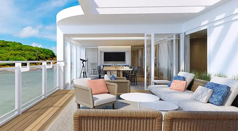 Viking Polaris and Octantis Owner's Suite bow-facing interior with panoramic forward veranda