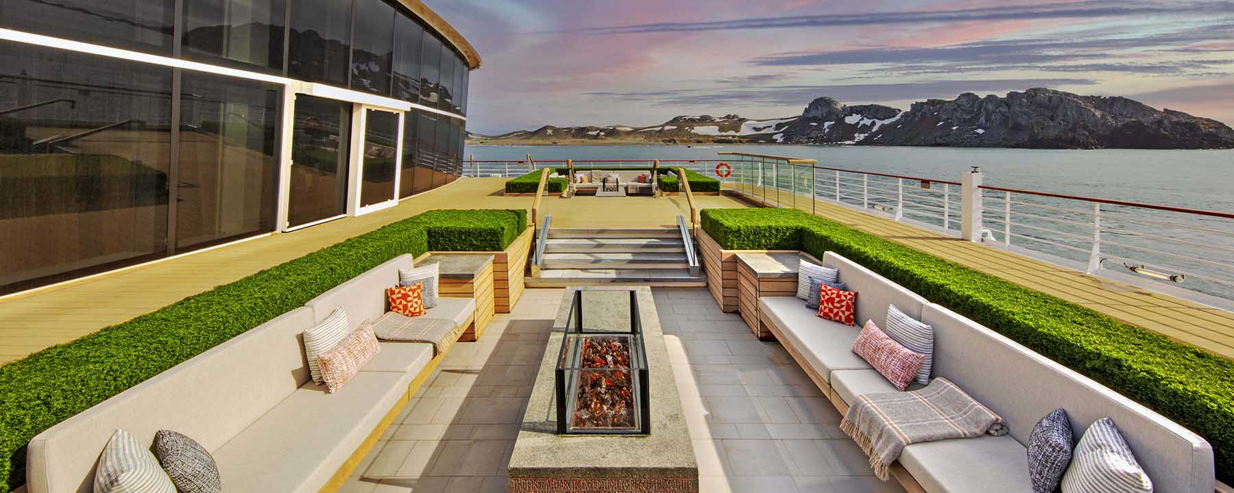 Viking Octantis outdoor observation deck with polar scenery