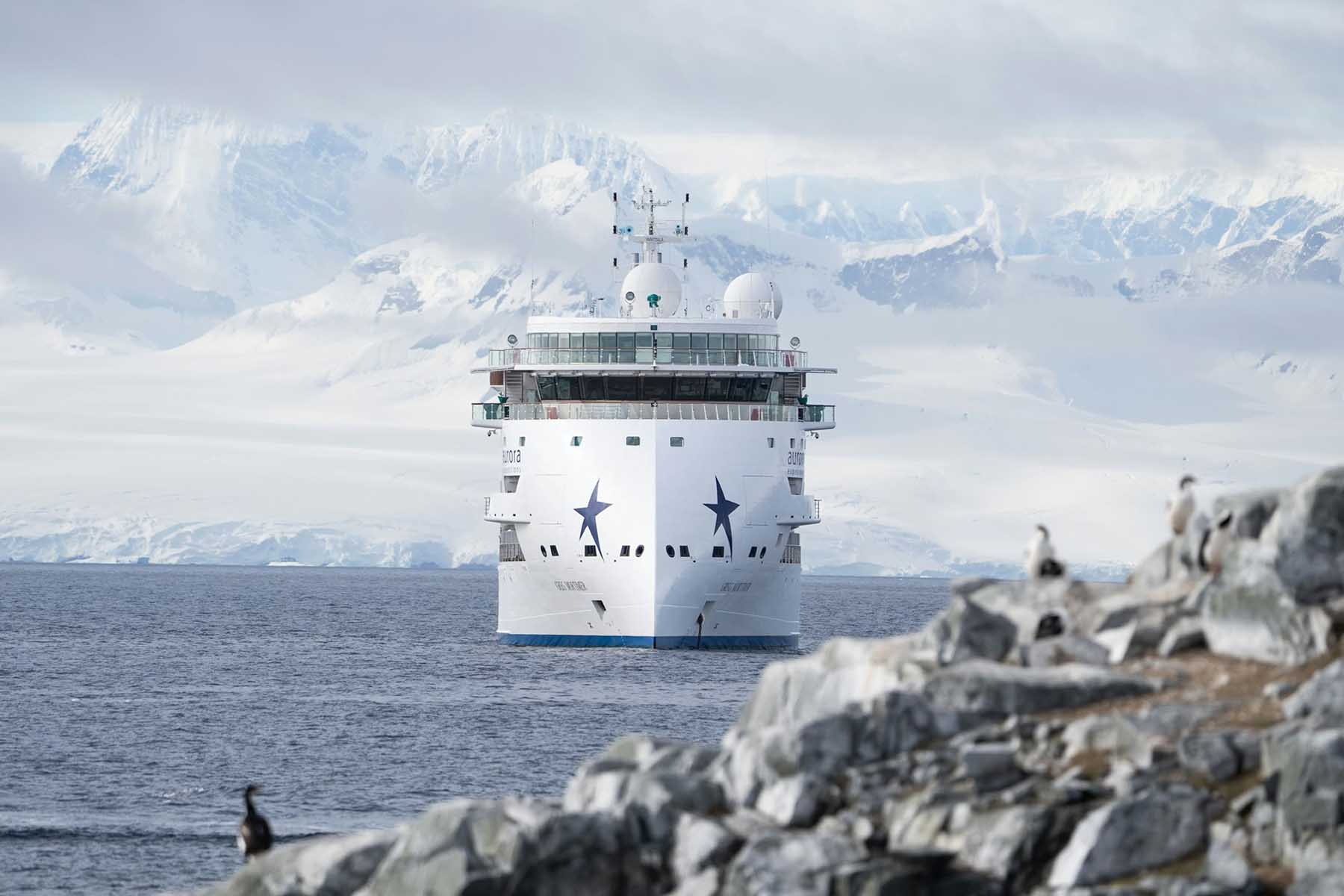 Greg Mortimer expedition ship bow view approaching polar waters