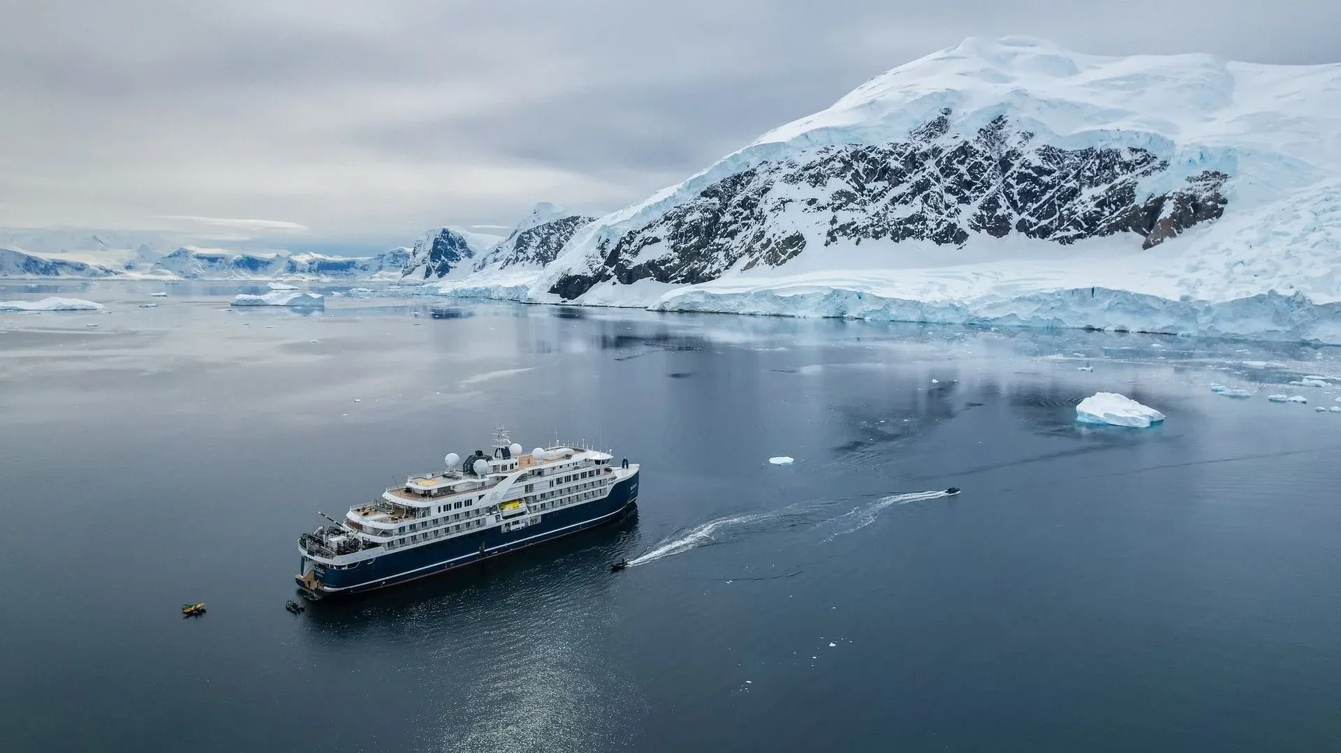 Aerial view of Swan Hellenic expedition ship in Antarctica