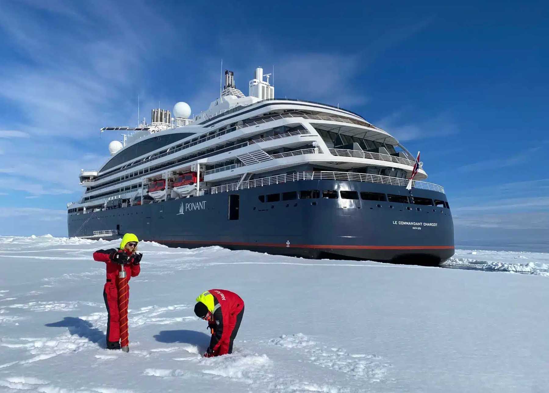 Helicopter taking off from Le Commandant Charcot polar expedition