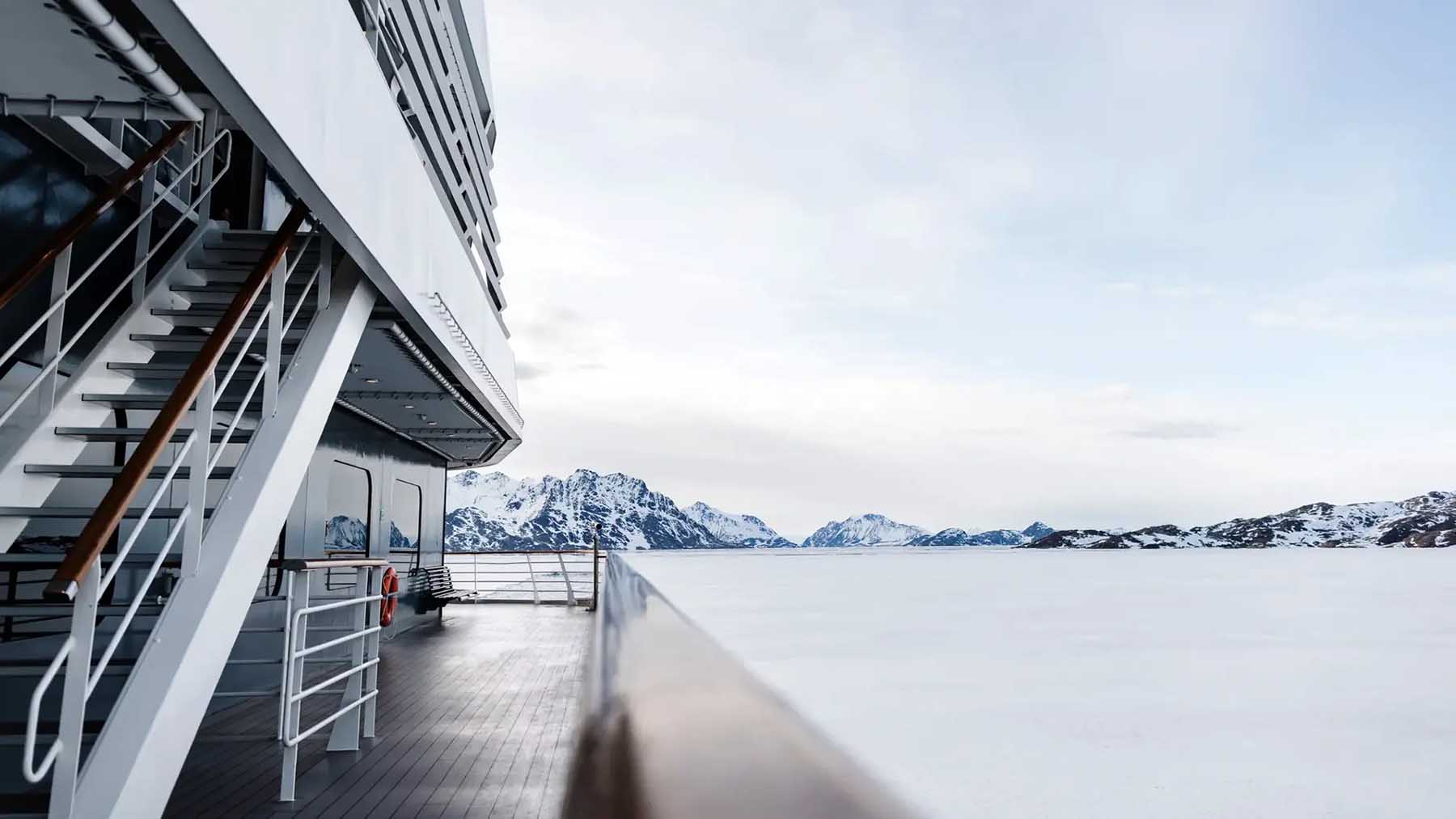 Le Commandant Charcot side deck with polar ocean view