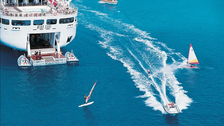Aerial view of Windstar Star Breeze watersports marina platform