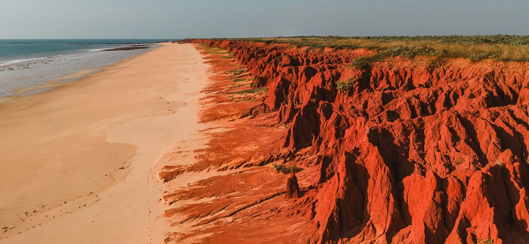 Aerial view of the red rock coastline of Montgomery Reef in the Kimberley
