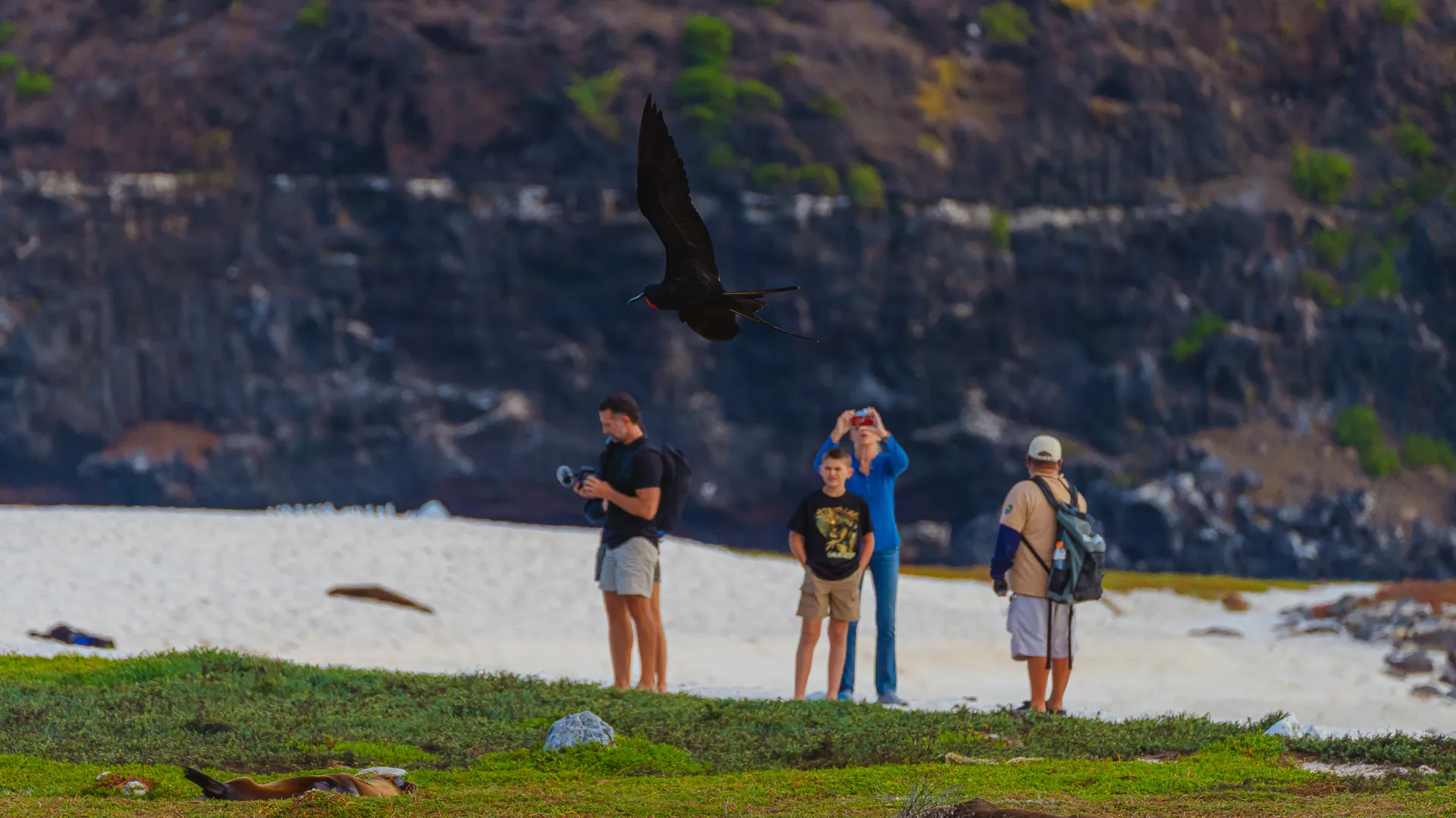 People stand on a beach in the Galapagos with mountains behind
