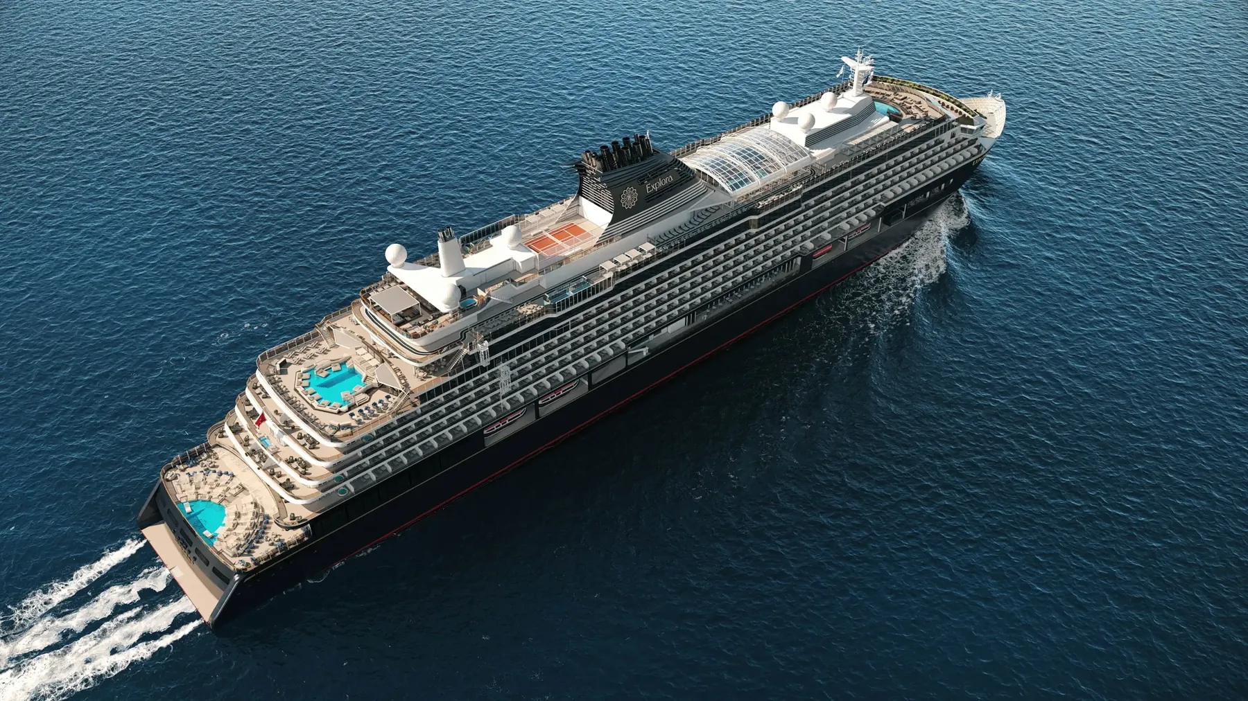 An Explora Journeys cruise ship aerial