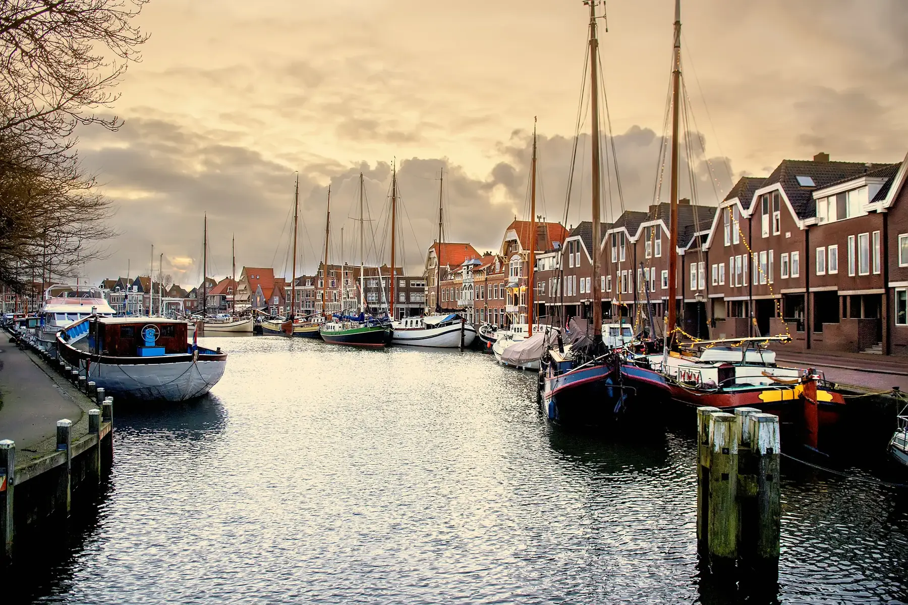 Hoorn river with boats and sunset
