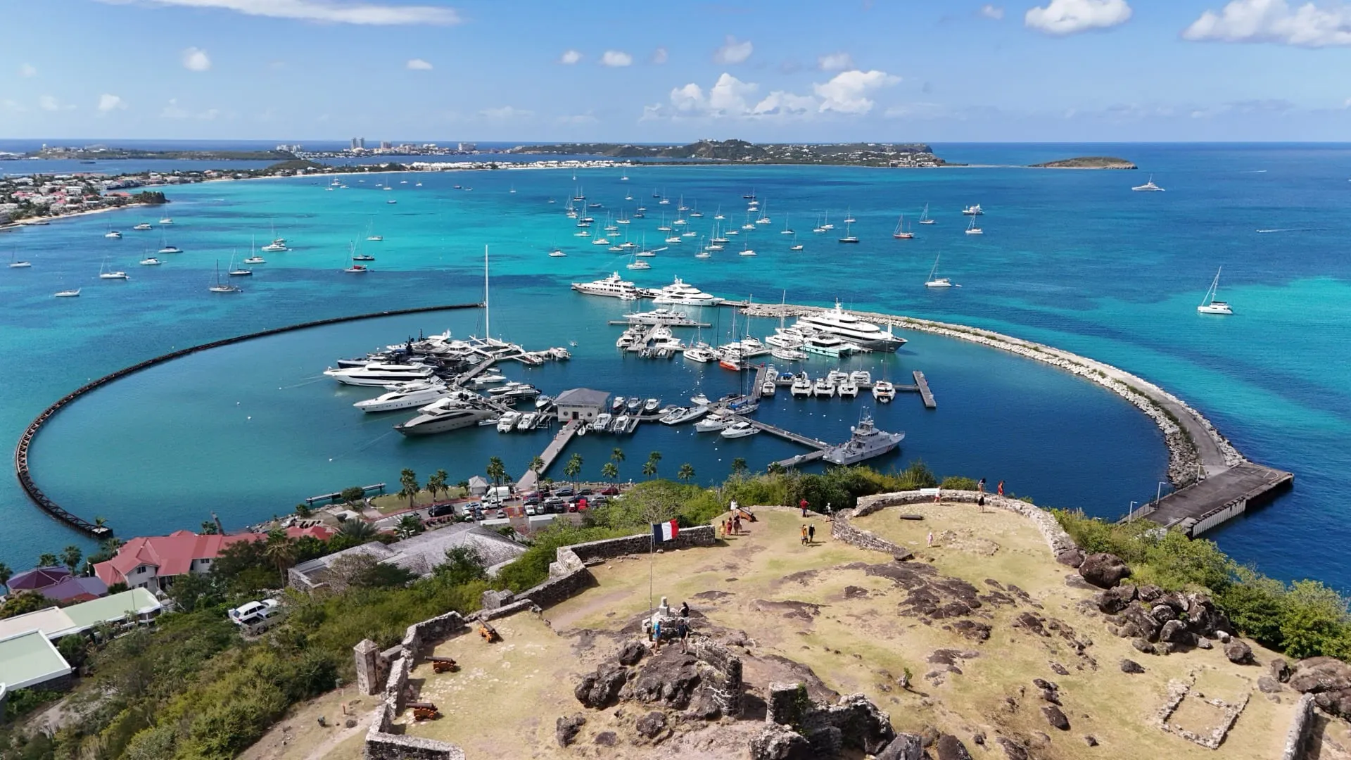 Aerial view of a harbor in the Caribbean