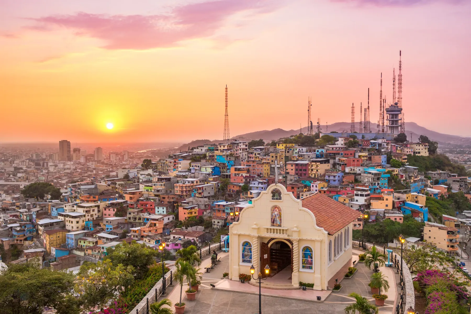Old town building in Quito, Ecuador at sunset