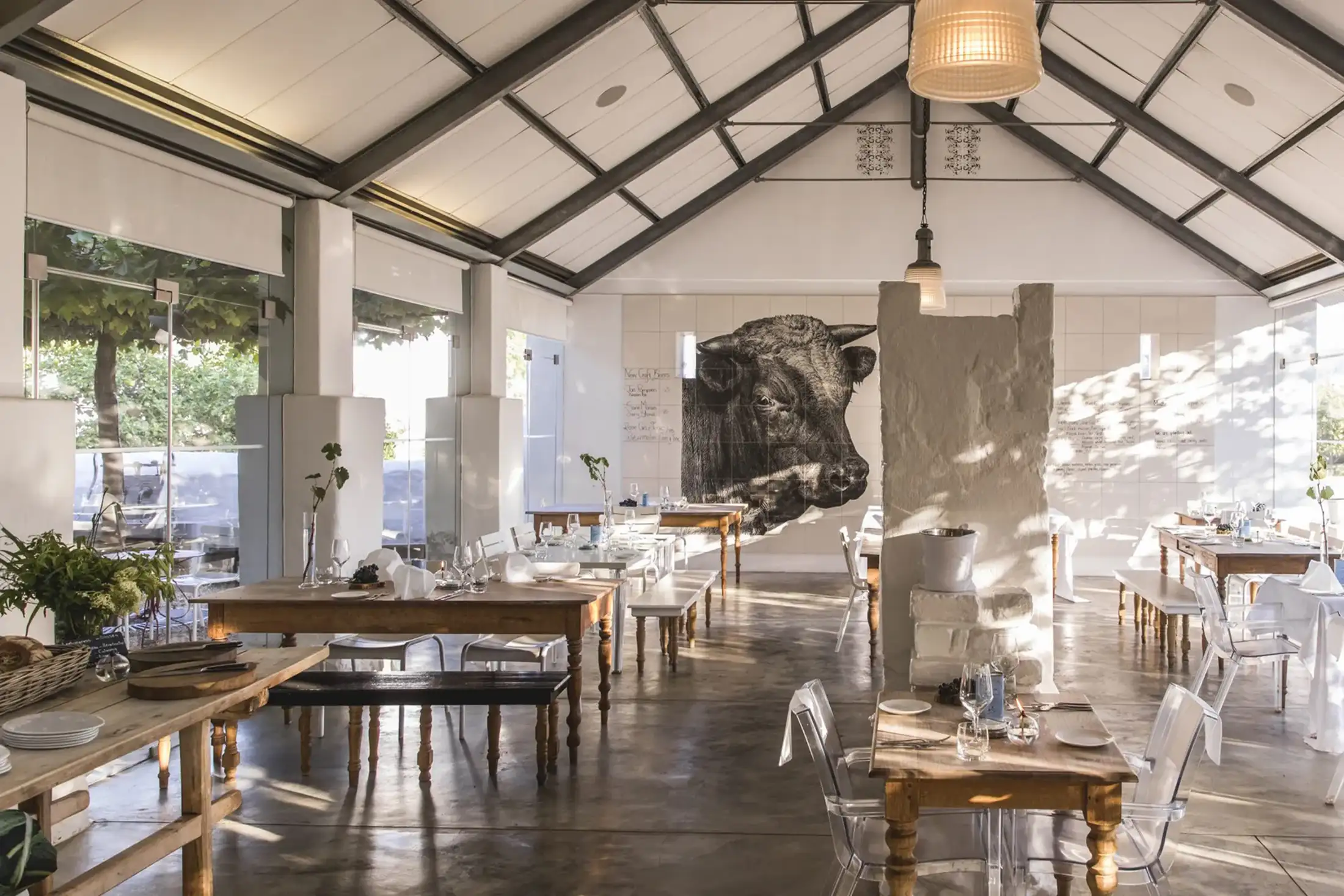 Restaurant interior at Aerial mountain view of Babylonstoren in South Africa