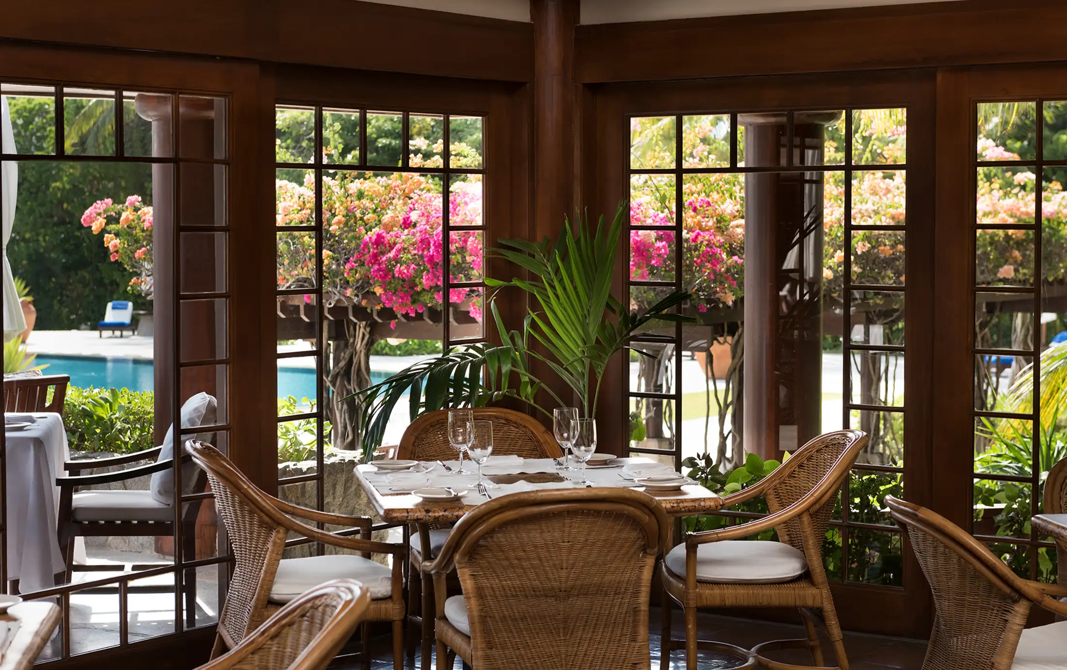 Restaurant seating at the Amanpulo resort restaurant