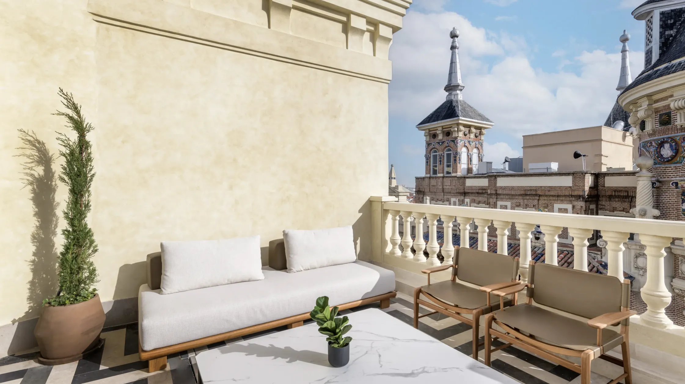 A rooftop patio at a hotel