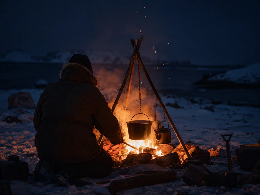 Crew cooking over an open beach fire at dusk in Arctic Norway